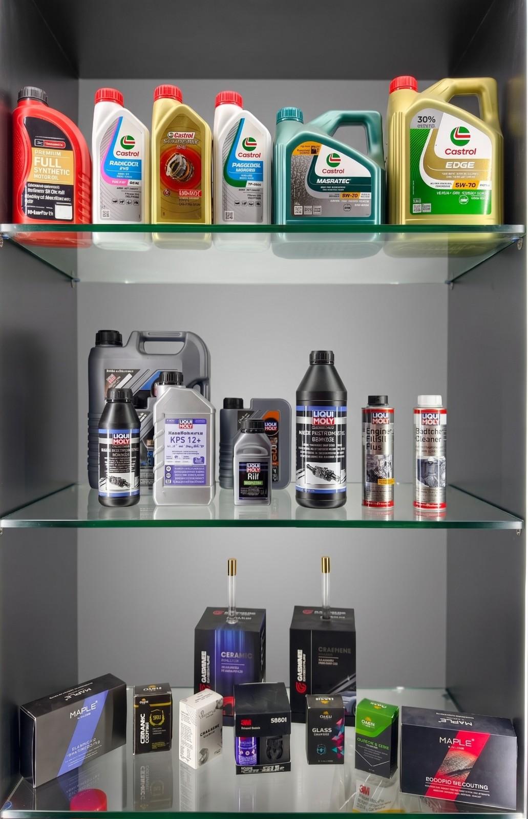 Car care liquids like oils, polish, and cleaners on display