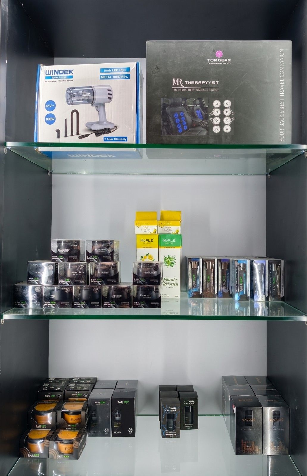 Interior accessories and small car products organized neatly